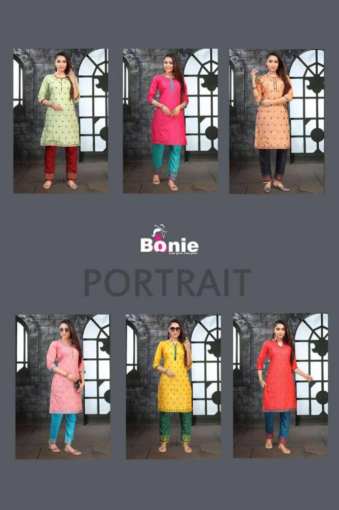 Bonie Portrait Casual Regular Wear Silk Designer Kurtis With Bottom Collection

